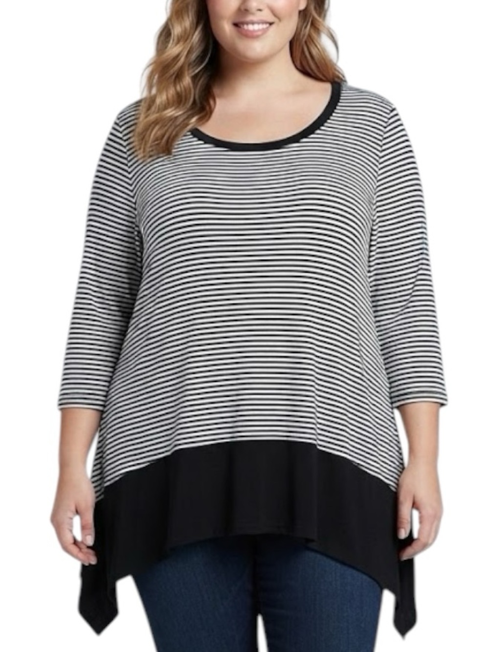CHICO'S Black White Striped Hanky Hem Tunic Top Size 3X